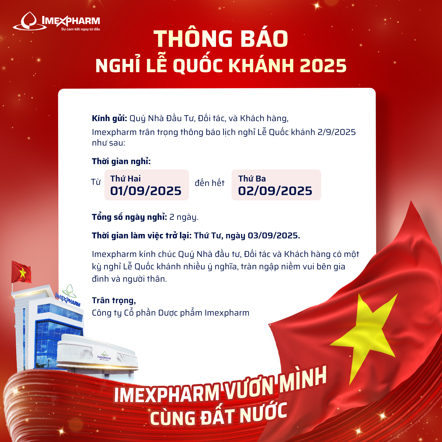 Thông báo nghỉ lễ Quốc Khánh 2/9 năm 2025