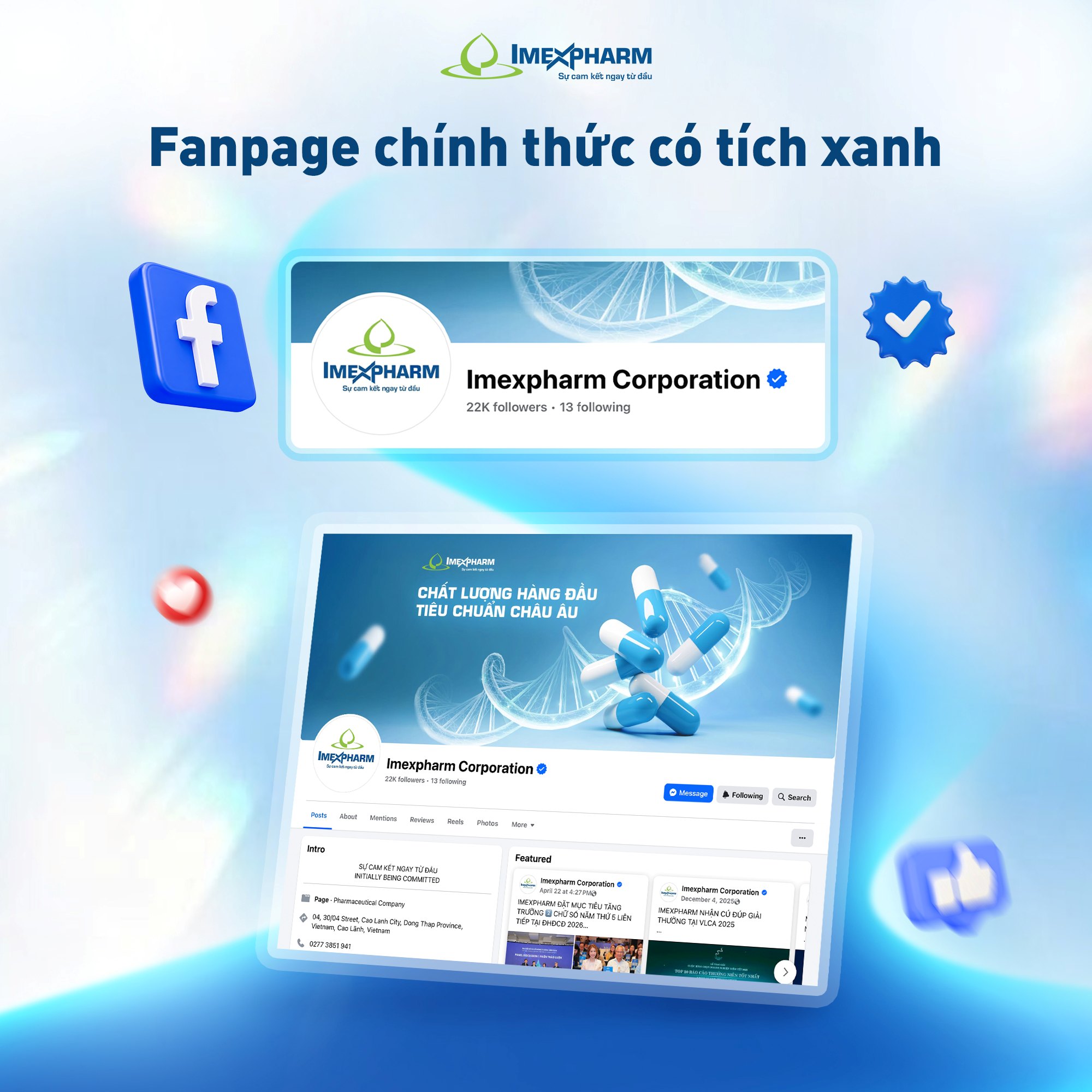 Imexpharm chỉ có một trang Facebook duy nhất có tick xanh ✔️