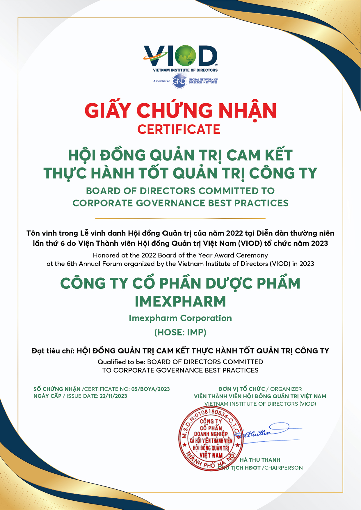 Giấy chứng nhận nhà máy dược EU-GMP Imexpharm đạt tiêu chuẩn sản xuất thuốc châu Âu