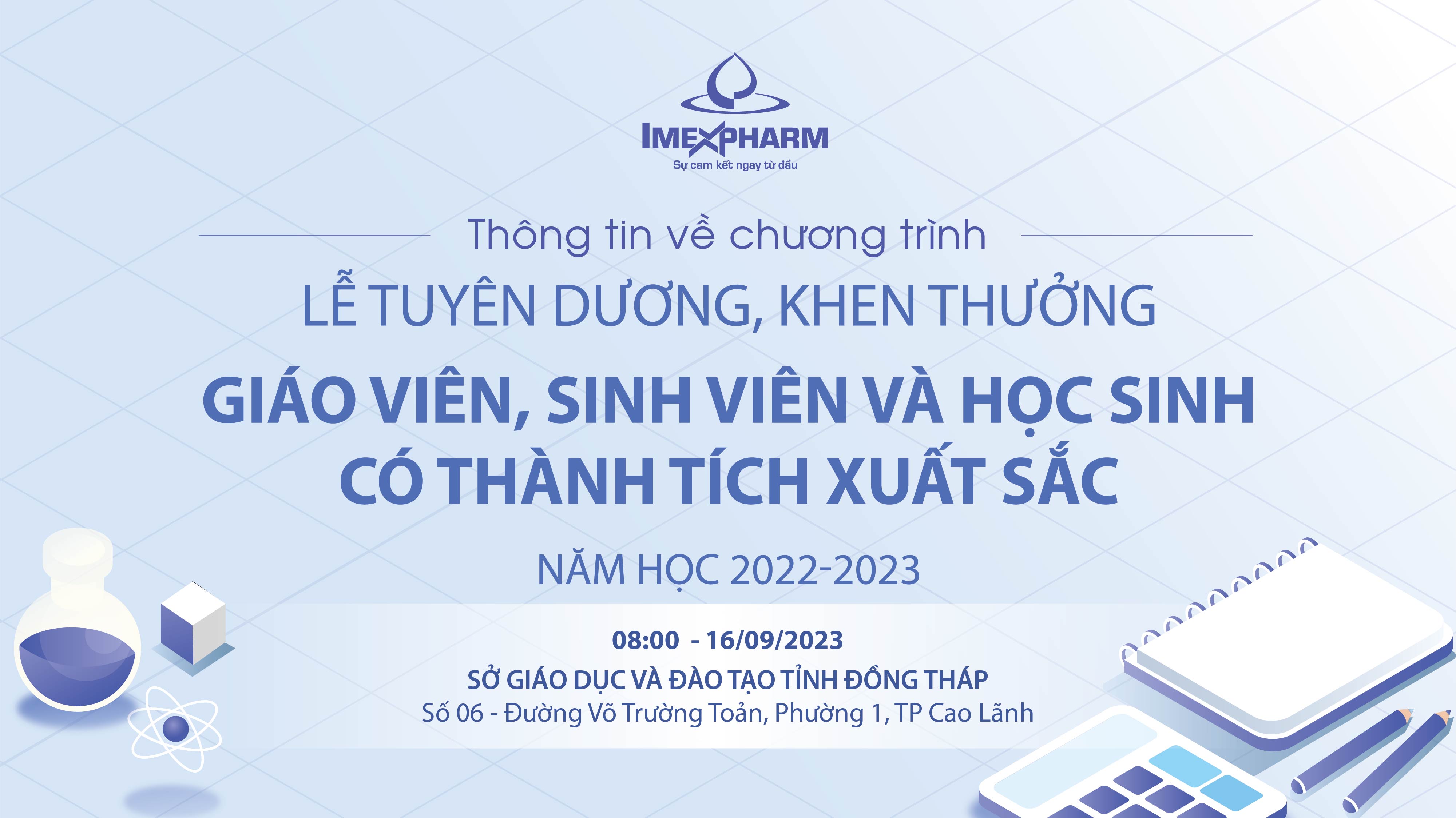 Thông báo chương trình "Lễ tuyên dương, khen thưởng học sinh, sinh viên, giáo viên có thành tích xuất sắc năm học 2022–2023" do Imexpharm cùng Sở GD‑ĐT Đồng Tháp tổ chức.