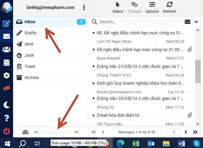 Hiển thị dung lượng sử dụng hộp thư mail Imexpharm