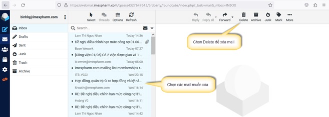 Chọn nhiều email để xóa dung lượng mail Imexpharm