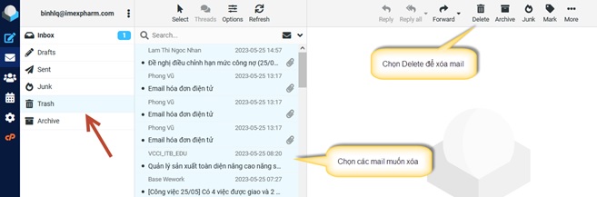 Xóa email vĩnh viễn trong thư mục Trash mail Imexpharm