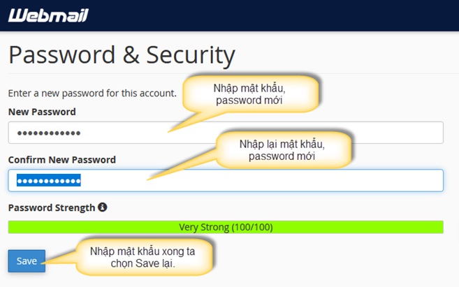 Điền mật khẩu mới để đổi password mail Imexpharm