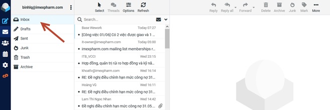 Hộp thư đến (Inbox) của tài khoản mail Imexpharm