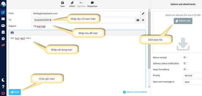 Giao diện soạn email mới trong mail Imexpharm
