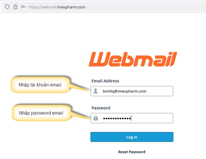 Giao diện đăng nhập mail Imexpharm trên trình duyệt web
