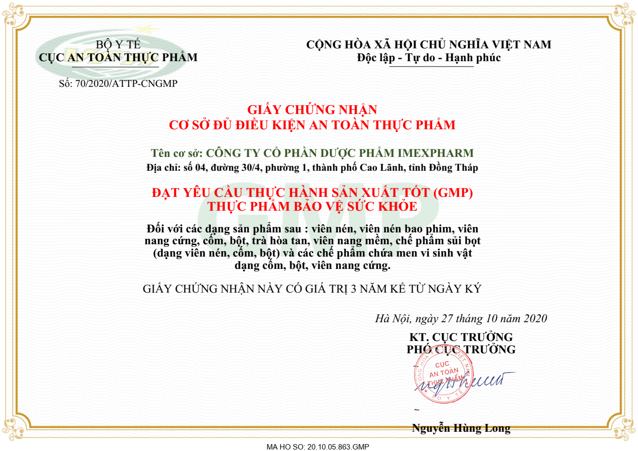 Giấy chứng nhận GMP cho Nhà máy Thực phẩm Bảo vệ Sức khỏe Imexpharm do Bộ Y Tế cấp