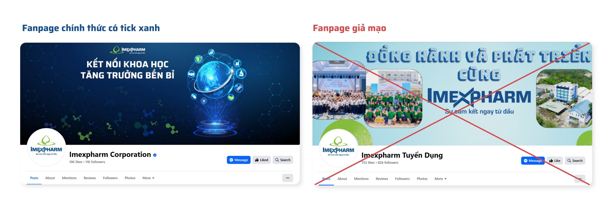 So sánh fanpage chính thức có tick xanh và fanpage Facebook giả mạo tuyển dụng của Imexpharm So sánh fanpage chính thức có tick xanh và fanpage Facebook giả mạo tuyển dụng của Imexpharm