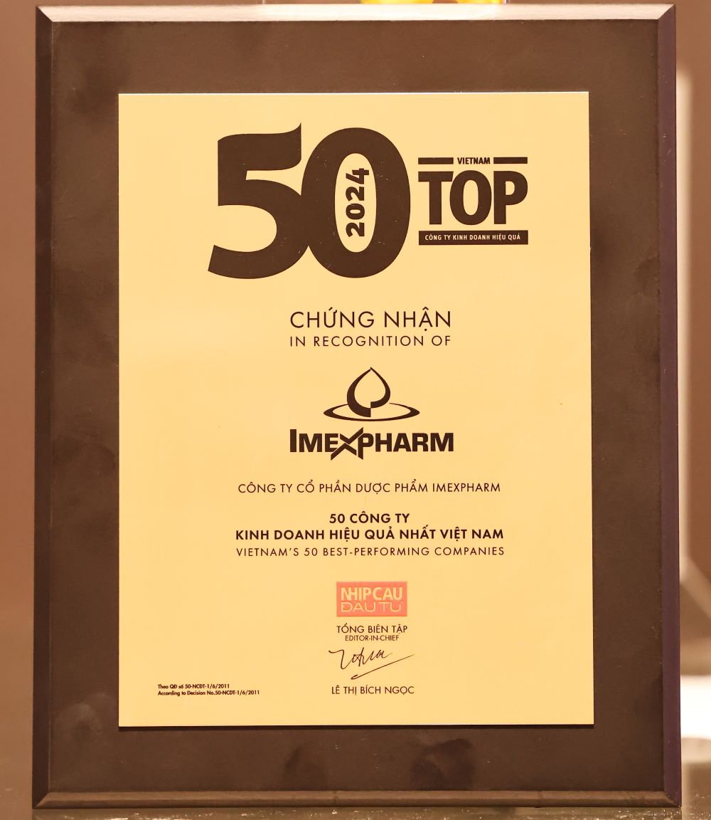 Chứng nhận “Top 50 Công ty Kinh doanh Hiệu quả nhất Việt Nam 2024” của Imexpharm Chứng nhận “Top 50 Công ty Kinh doanh Hiệu quả nhất Việt Nam 2024” của Imexpharm