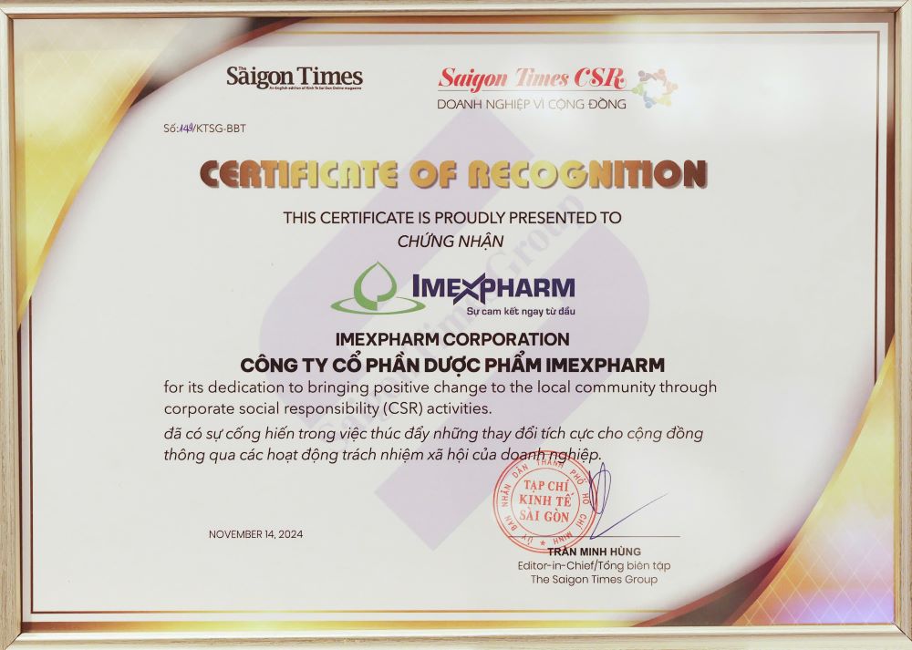 Giải thưởng Saigon Times CSR 2024 mà Imexpharm vinh dự nhận được